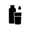 Silhouette Bottle, glass, drop. Outline icon of water, milk, cocktail. Black illustration of pour liquid into container. Flat