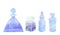 Silhouette of bottles, flasks and jars with blue watercolor background. Containers for perfumes and medicines. Natural medicine.