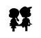 Silhouette of a boy and a girl sitting on a bench. A symbol of quarrel, resentment. Isolated