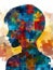Silhouette of a boy hidden behind a colorful puzzle pattern.