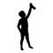 Silhouette boy using water sprayed in up small kid watering garden using hand sprinkler holding arm special comb black color