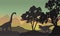 Silhouette of brachiosaurus and T-Rex in hills