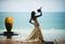Silhouette of the bride against the sea. Bride smells her bouquet
