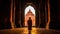 Silhouette of a buddhist monk standing in front of the door of the temple. Generative AI