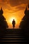silhouette of buddhist monk walking by temple on mountain at sunset, asian spirituality concept