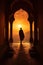 silhouette of buddhist monk walking by temple on mountain at sunset, asian spirituality concept