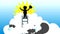 Silhouette of a businessman with a briefcase on a ladder above the clouds that fly down