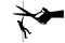 Silhouette of a businessman climbs on a tightrope and a hand with scissors intends to cut a rope