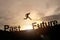 Silhouette of businessman glowing jump past to future. success c