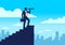 Silhouette businessman holding a telescope standing on the top of stairway looking of success, Searching new business goals