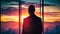 Silhouette of businessman looking over a cityscape at sunrise. AI Generated