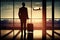 Silhouette of businesswoman with suitcase looking at airplane in airport. Generative AI
