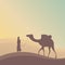 Silhouette of a camel and a bedouin in a hot desert