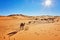 Silhouette of camel caravan in big sand dunes of Sahara desert,