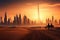 Silhouette of camel in the desert with Dubai city in the background, Camel caravan on sand dunes on Arabian desert with Dubai