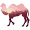 Silhouette of a camel with a landscape pattern inside in claret-pink tones painted with squares and pixels