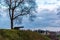 Silhouette of the cannon under the naked tree standing on a hill against dramatic cloudy evening sky