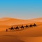 Silhouette caravan camel riders are hiking in the hot sun in the desert with sand mountain background vector illustration