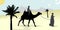 Silhouette of Caravan mit people and camels wandering through the deserts with palms at night and day. Vector