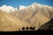 Silhouette of caravan travellers riding camels Nubra Valley Ladakh ,India
