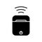 Silhouette charge case with power button and wi-fi signal. Outline icon. Black illustration of wire less earphones charging and