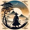 Silhouette a charming samurai, at a mountain  in abstract background, minimalist design, vintage touch, t-shirt prints, mysterious