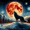 A silhouette of a charming wolf, againts red blood-moon, its howl echoing through a stark, snow covered landscape, painting art