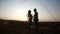 Silhouette of a charming young couple in love holding hands in the sunset light against sky at dusk. Couple in rural