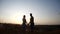 Silhouette of a charming young couple in love holding hands in the sunset light against sky at dusk. Couple in rural