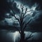 Silhouette of charred tree against storm and lightning