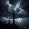 Silhouette of charred tree against storm and lightning