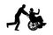 Silhouette cheerful man having a disabled man in a wheelchair and his friend