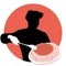 Silhouette of chef carrying a plate of spaghetti and spoon