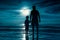 Silhouette of child holding hands her father, standing in the se
