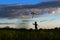 Silhouette of a child with a kite. Kite flying. child having fun flying a kite in the nature. the boy launches a kite. Sunset