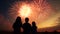 Silhouette of children watching fireworks. concept of freedom, hope, festivity. Generative AI