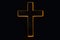 Silhouette of christian cross, lights, bokeh on black background. Copy space. Faith symbol. Church worship, salvation