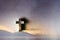 Silhouette of christian cross on mountain hill background. Copy space. Faith symbol. Church worship, salvation concept