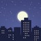 Silhouette city at night background with cityscape  bright moon and stars