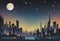 Silhouette of City Skyline under Starry Moon, Generative AI