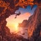 Silhouette of climber in a mountain cave