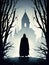 A silhouette of a cloaked figure standing before a snowcapped mausoleum Gothic art. AI generation