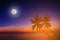 Silhouette coconut palm trees on beach with the moon