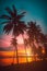 Silhouette coconut palm trees on beach at sunset.