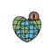 Silhouette color sections money box in globe earth world in heart shape with coin with dollar symbol