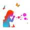 Silhouette of a colorful girl blowing soap bubbles. Vector illustration