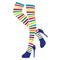 Silhouette of colorful striped knee-high stocking. Logo design of human legs in bright striped stockings in high heel shoes