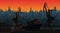 Silhouette commercial port with container ship at the pier and cargo cranes, city skyline on background with sunset. Cityscape and