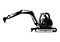 Silhouette of compact excavator with driver.