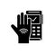 Silhouette Contactless hand payment with implanted chip signal. Modern high technology. Outline illustration of pos credit card